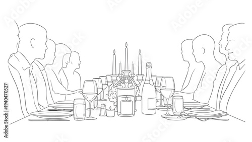 Elegant linear art of a formal dinner gathering with candles and wine