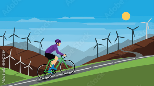Cyclist riding through wind farm landscape on a sunny day