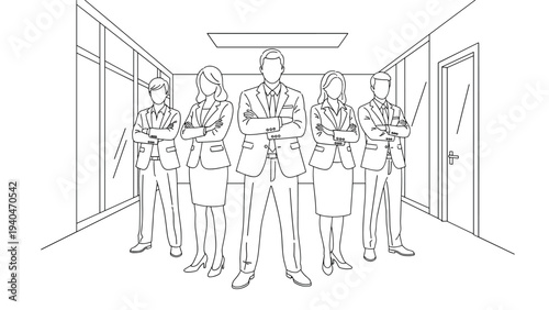Confident business team in office hallway, linear style illustration