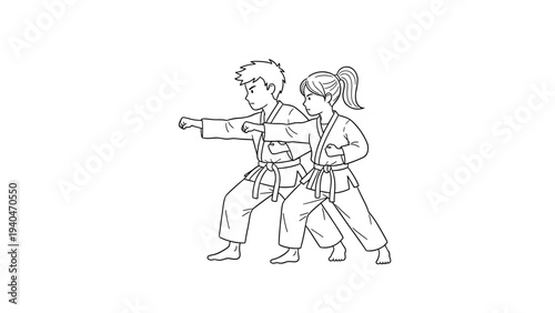 Kids practicing karate: outline of young boy and girl in martial arts pose