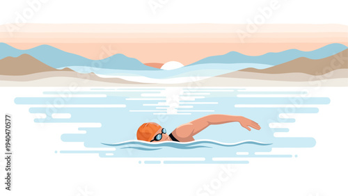 Elegant swimmer in scenic sunset landscape with tranquil waters
