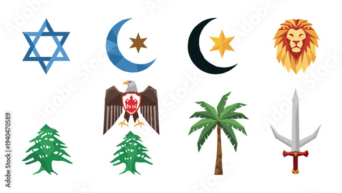 Symbols of nations and religions in geometric style