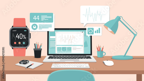 Modern workspace with smartwatch and laptop for data analysis in flat design