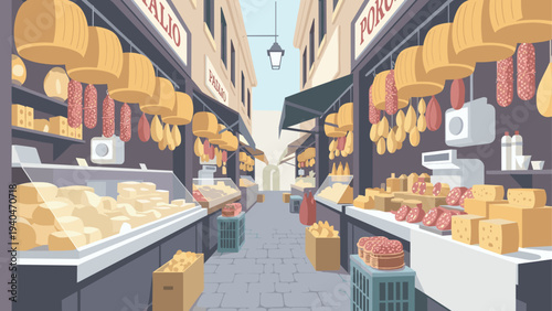 Picturesque italian market street filled with cheese and cured meats