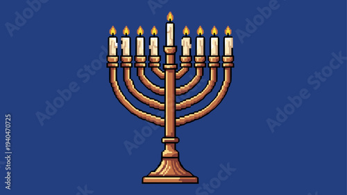 Pixel art menorah with burning candles on blue background for hanukkah celebration
