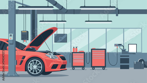 Car maintenance in modern auto repair shop with professional equipment and tools
