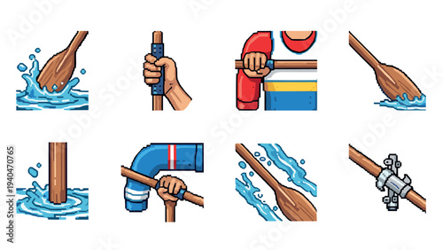 Pixel art rowing elements with paddles and hands in water