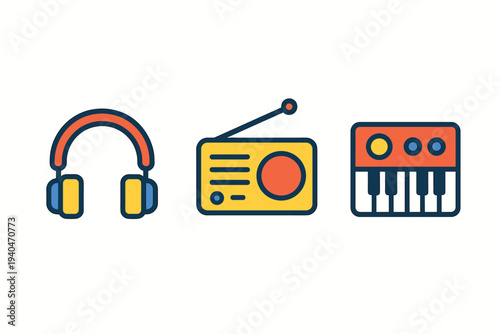 Colorful music icons set featuring headphones, retro radio, and synthesizer in linear style