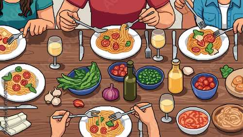 Pixel art family dinner with pasta dishes and drinks on wooden table