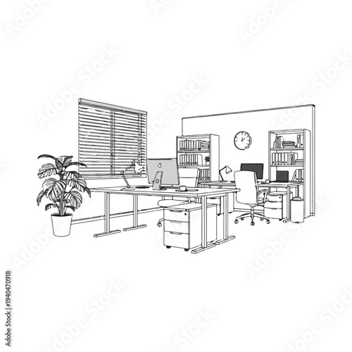 modern shared corporate office workspace line art illustration