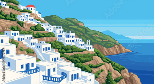 Charming coastal village with white houses and blue sea in retro pixel art style
