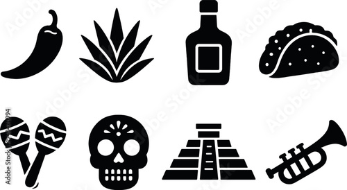 Mexican culture silhouette icons featuring maracas, tacos, and ancient pyramids
