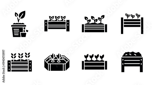 Minimalist gardening icons: raised bed and seedling designs