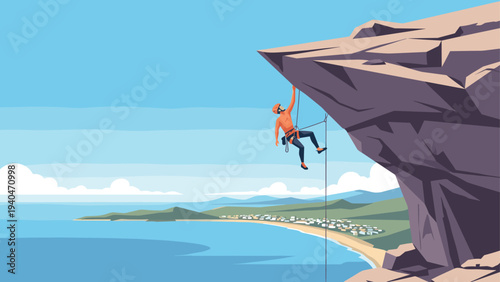 Man rock climbing on cliff overlooking scenic coastal view in flat design