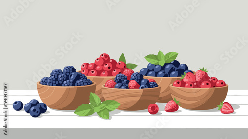 Fresh mixed berries in wooden bowls on a white surface in flat design