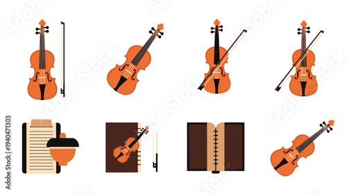 Set of flat style violin icons with music accessories and notebooks