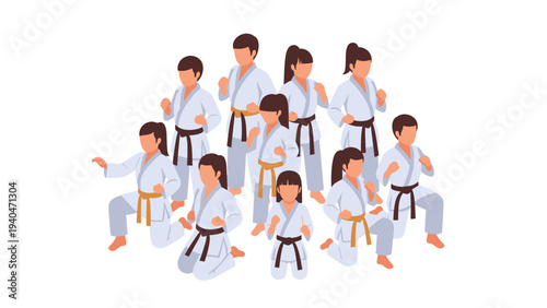 Martial arts group in white uniforms practicing poses