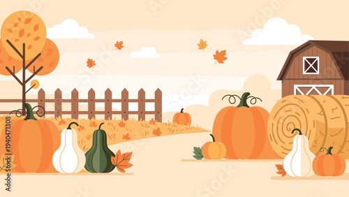 Autumn farm landscape with pumpkins and barn in flat design