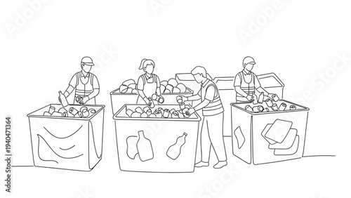 Workers sorting recyclables in bins line art drawing