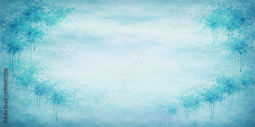 An abstract blue grunge background featuring a festive winter frame decorated with white snowflakes and icy frost patterns for a cold Christmas holiday celebration card