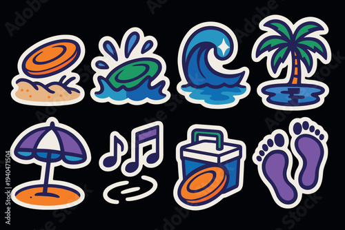 Summer beach icons set featuring waves, palms, and fun elements on dark background