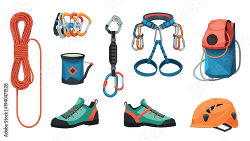 Essential rock climbing gear collection in modern flat design
