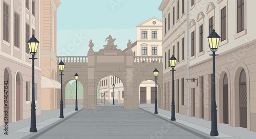 Historical european street scene with classic architecture and lamp posts