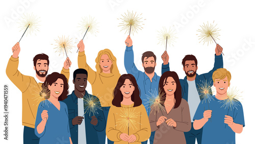 Diverse group of people celebrating with sparklers in flat style