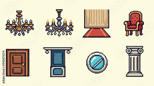 Pixel art interior elements set featuring chandelier, armchair, doors, and column designs