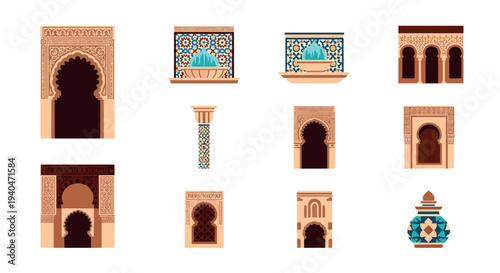 Moroccan architectural elements collection with traditional geometric patterns