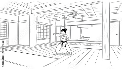 Black belt karate practice in zen dojo: mastery and focus in traditional martial arts space