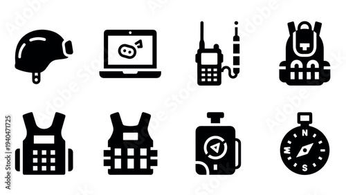 Icon set of military gear and equipment in bold black silhouette style