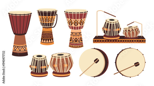Traditional percussion instruments in flat design featuring drums and tribal patterns