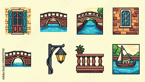 Pixel art: charming cityscape with bridges, windows, and boats