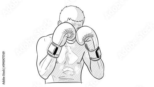Boxer in defensive stance line art: dynamic sketch of a fighter with gloves