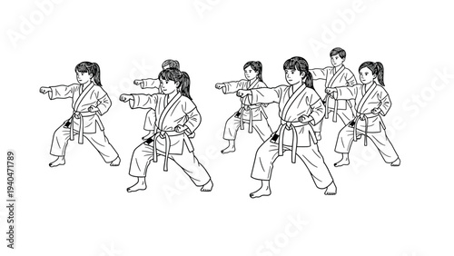 Group of children practicing karate in class with white gi uniforms and colored belts