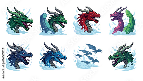 Colorful dragon heads in pixel art style with flying silhouettes