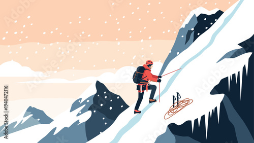 Climber conquering snowy mountain peak in winter landscape