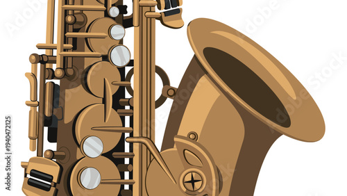 Detailed side view of a classic brass saxophone in realistic style