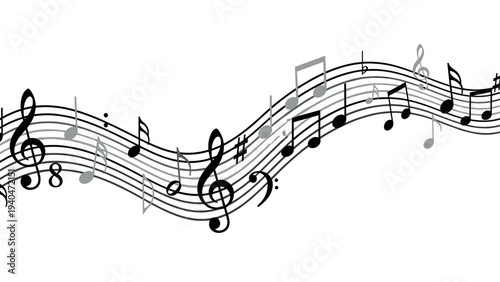 Curved musical staff with flowing notes on white background
