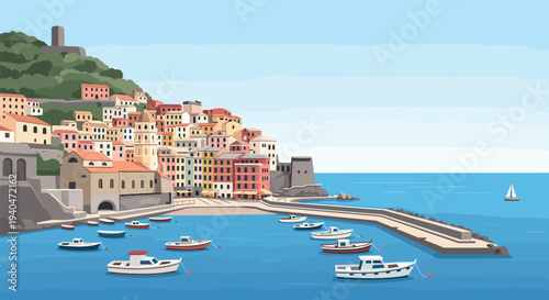 Coastal village and boats by the sea in a flat design