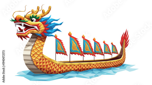 Colorful geometric dragon boat with flags on water
