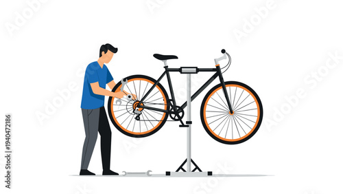 Mechanic fixing bicycle on repair stand in simple flat design