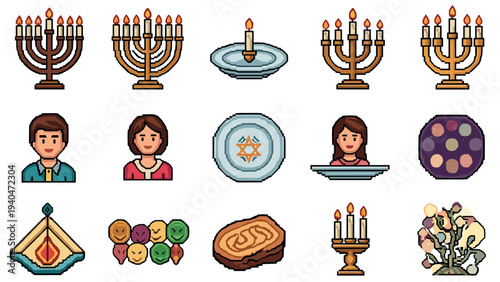 Pixel art hanukkah icons collection: menorahs, candles, and traditional symbols
