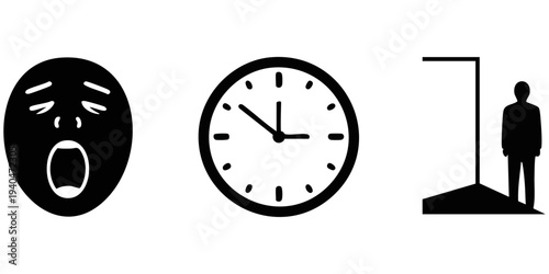 Modern Life Concept Silhouette Set: Yawning Face, Analog Wall Clock, and Person Standing in Doorway Icons