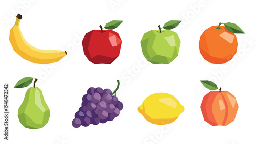 Colorful low poly fruit collection with leaf details on white background