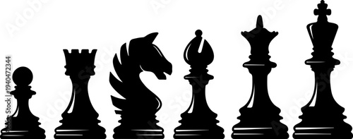 Full Set of Chess Piece Silhouettes for Strategy Games and Business Competition Conceptual Graphics