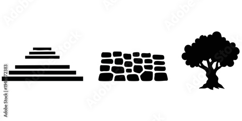 Landscape Design Silhouette Set: Garden Stone Steps, Retaining Rock Wall, and Oak Tree Icons