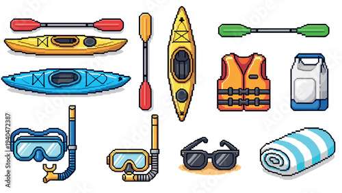 Pixel art summer adventure: kayaks, life vest, and beach gear collection
