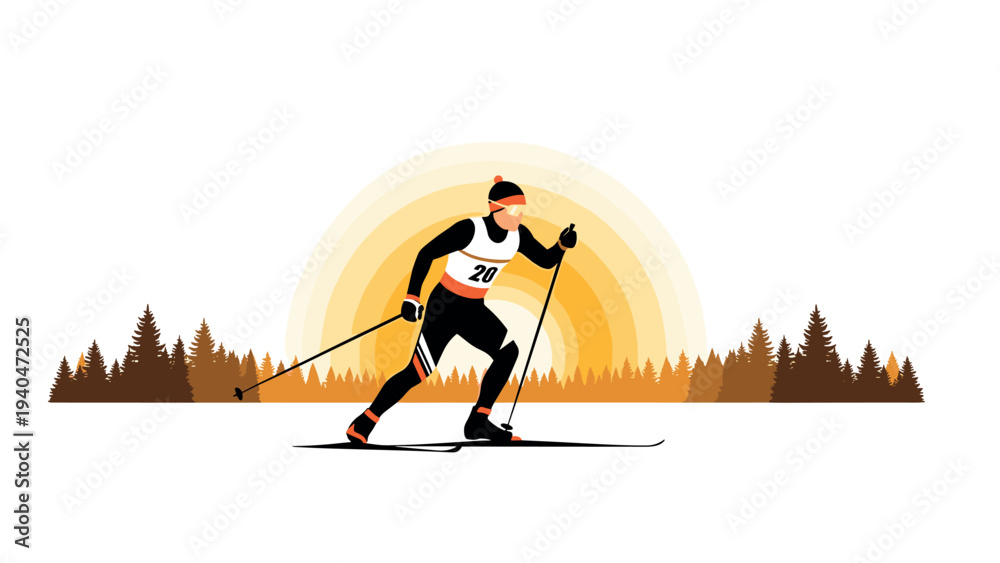 Naklejka premium Cross country skier against sunrise in flat design